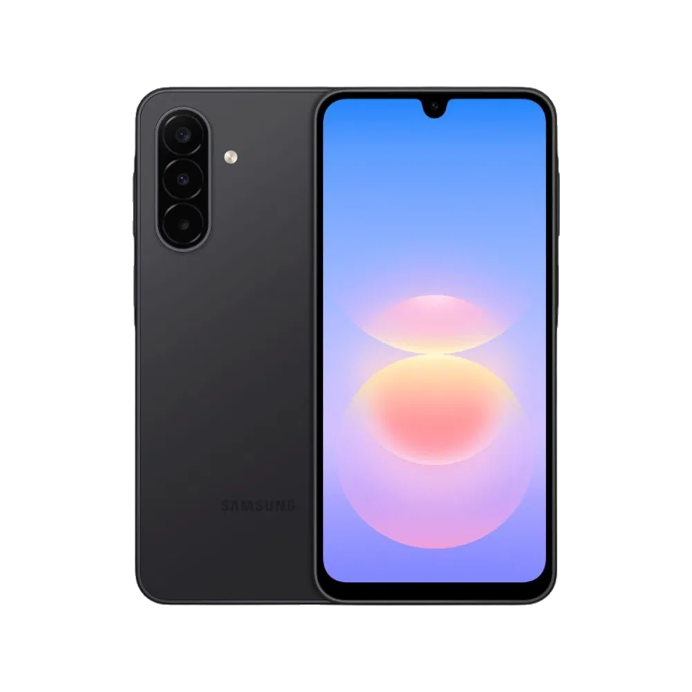 Siyah Samsung Galaxy A18 telefonun ön ve arka yüzü, kamera sistemi ve renkli ekranıyla birlikte gösteriliyor.