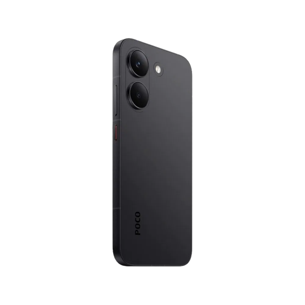 Siyah Poco X8 Pro akıllı telefonun arka yüzeyi, çift kamera ve düz kenarlı şık tasarımıyla yandan görünümü
