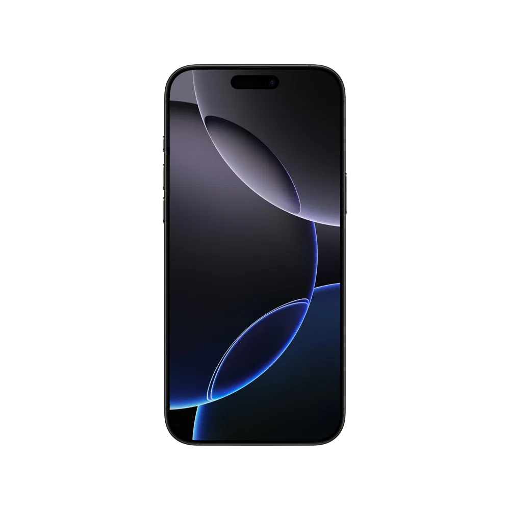 Apple iPhone 16 Pro Max Siyah Titanyum akıllı telefon, önden görünüm, ekran açık ve ince çerçeveli tasarım