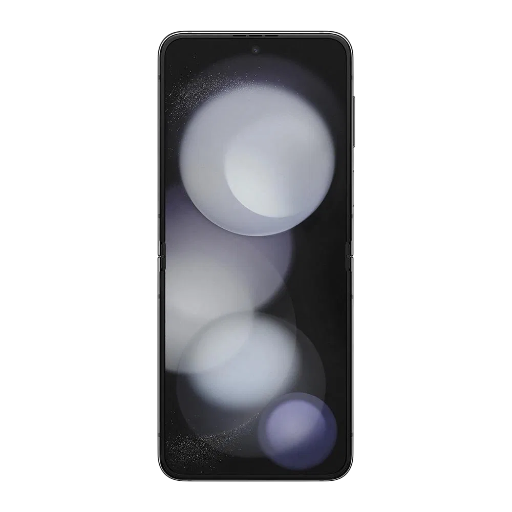 Samsung Galaxy Z Flip5 siyah akıllı telefon, önden görünüm, ekranı açık, ince çerçeveli tasarım
