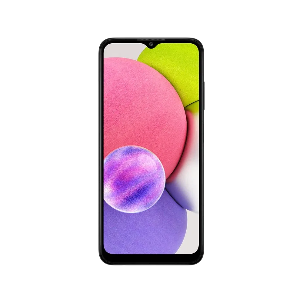 Samsung Galaxy A03s siyah akıllı telefon, önden görünüm, damla çentikli ekran ve renkli arka plan