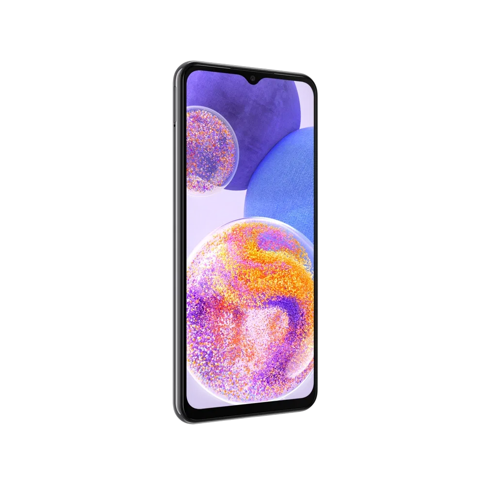 Samsung Galaxy A23 siyah akıllı telefon, önden ekran görünümü ve damla çentikli tasarım