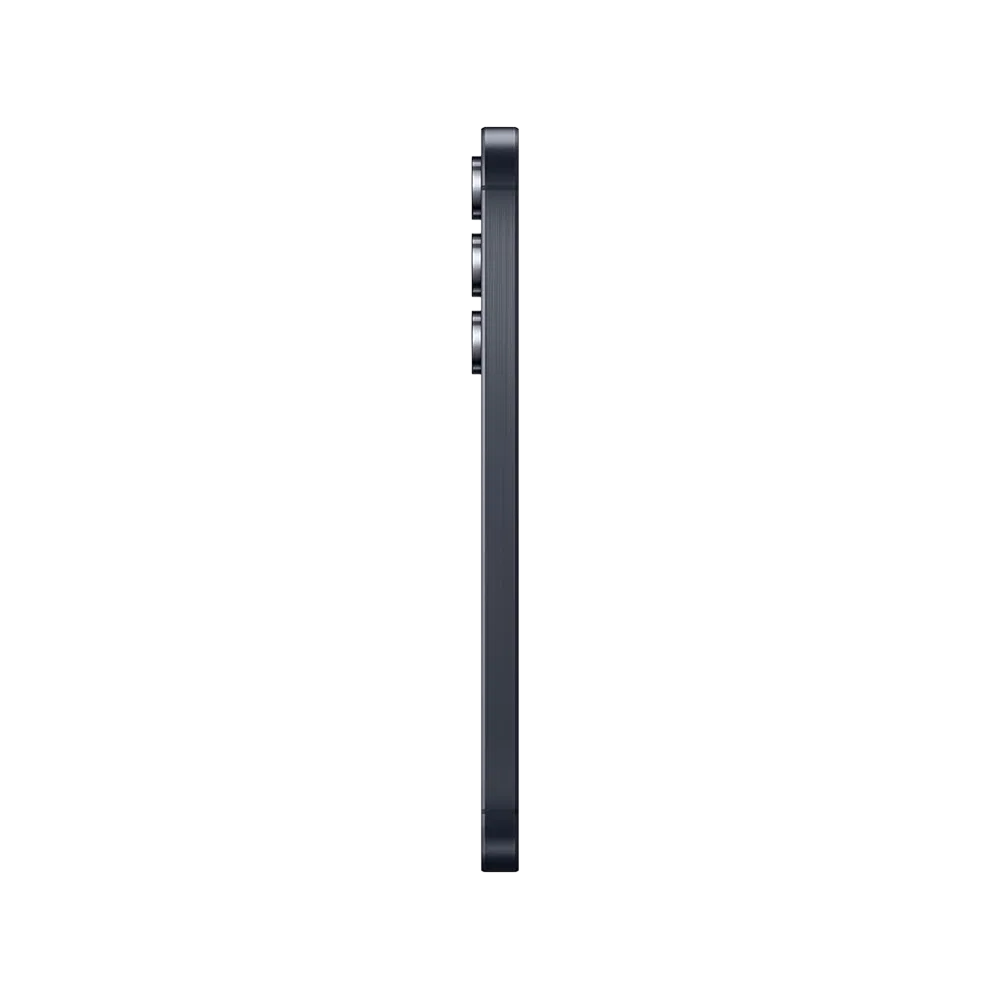 Siyah Samsung Galaxy A55 akıllı telefonun yan profili, düz çerçeve ve yükseltili kamera modülüyle