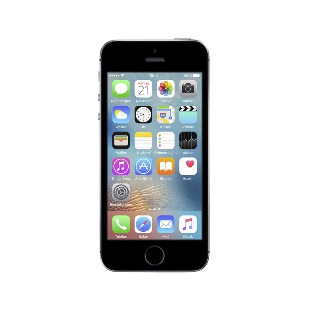Apple iPhone SE siyah akıllı telefonun önden görünümü, ana ekran ikonları ve yuvarlak Ana Ekran düğmesiyle