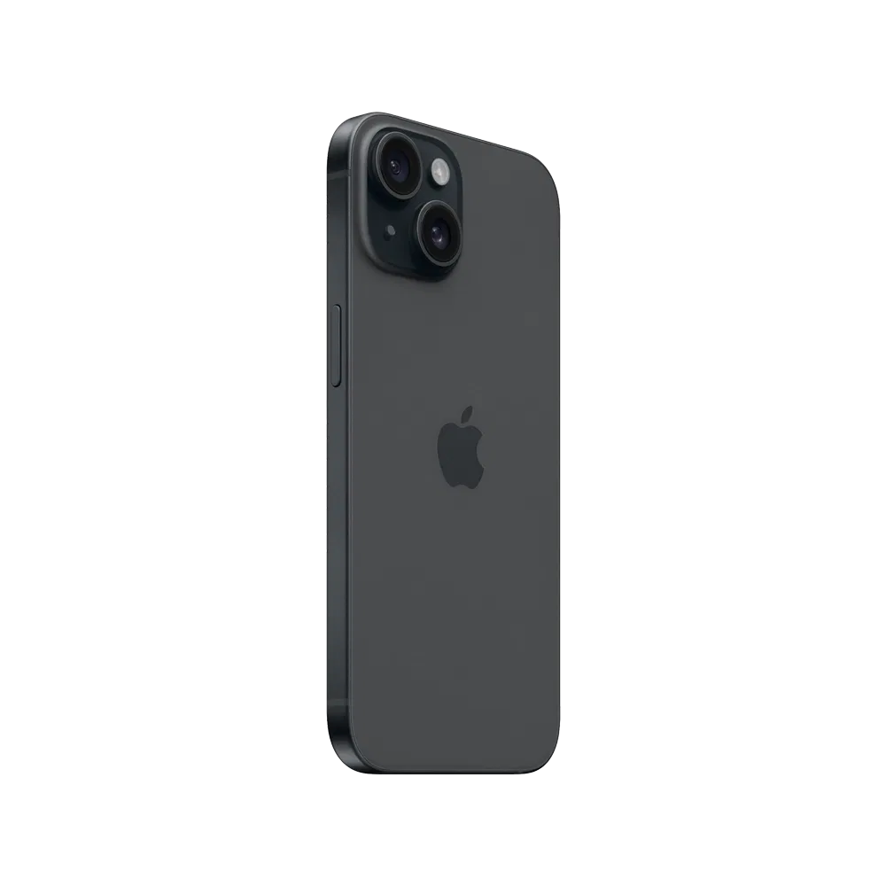 Siyah Apple iPhone 15 akıllı telefonun arka yüzü, çift kamera modülü ve Apple logosu görünümü