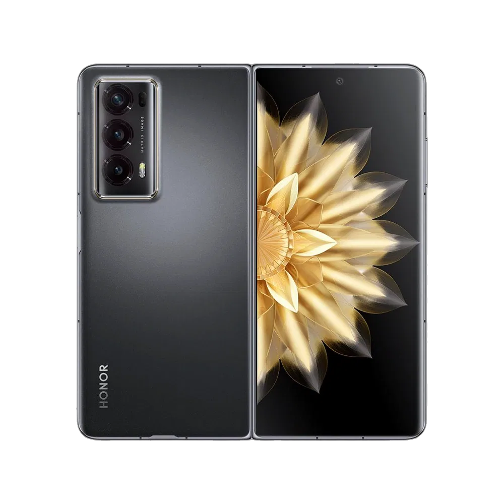 Siyah Honor Magic V2 akıllı telefonun önden ve arkadan görünümü, üçlü kamera tasarımıyla birlikte