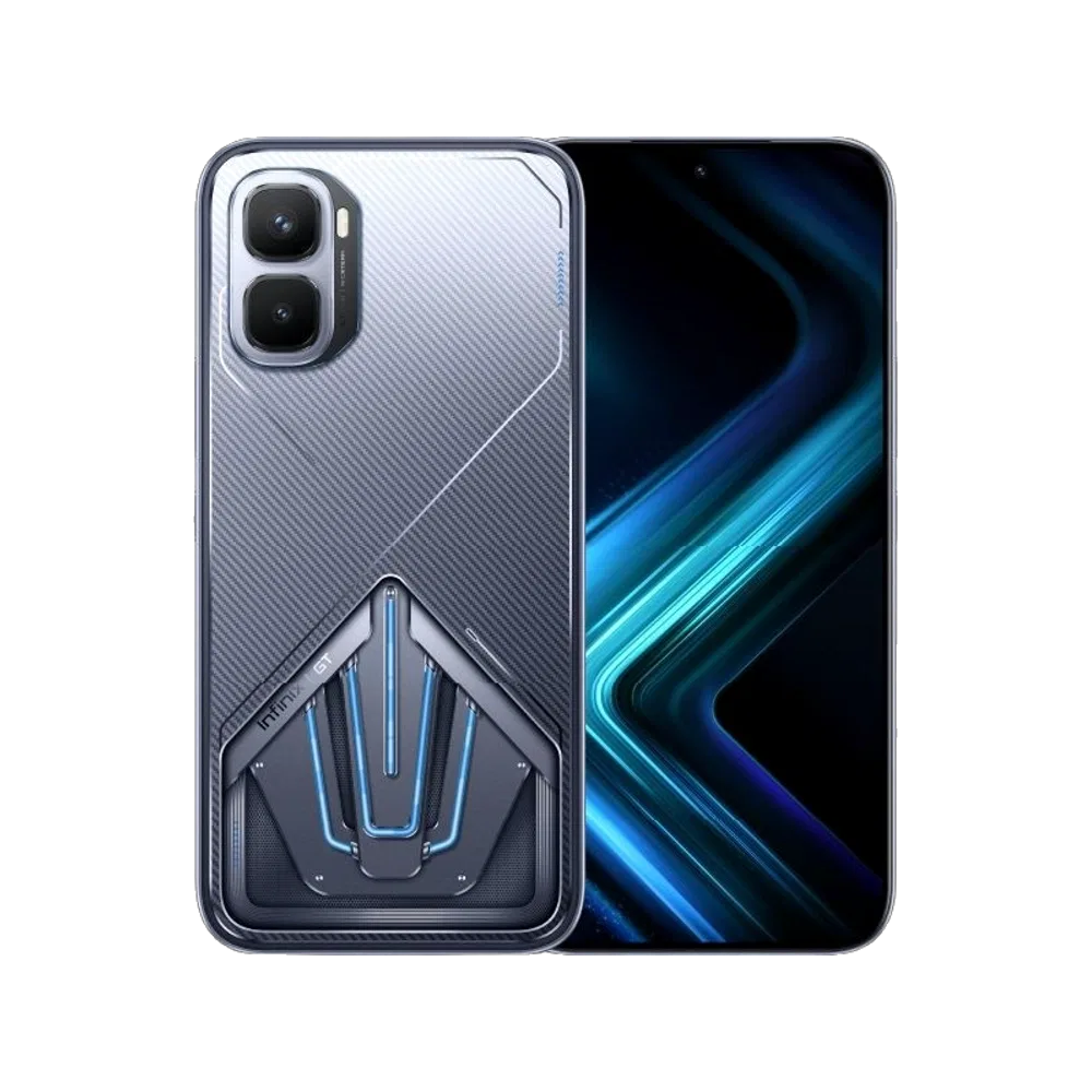 Infinix GT 50 Pro gri telefonun ön ve arka yüzü, kamerası ve ekranı birlikte gösteriliyor