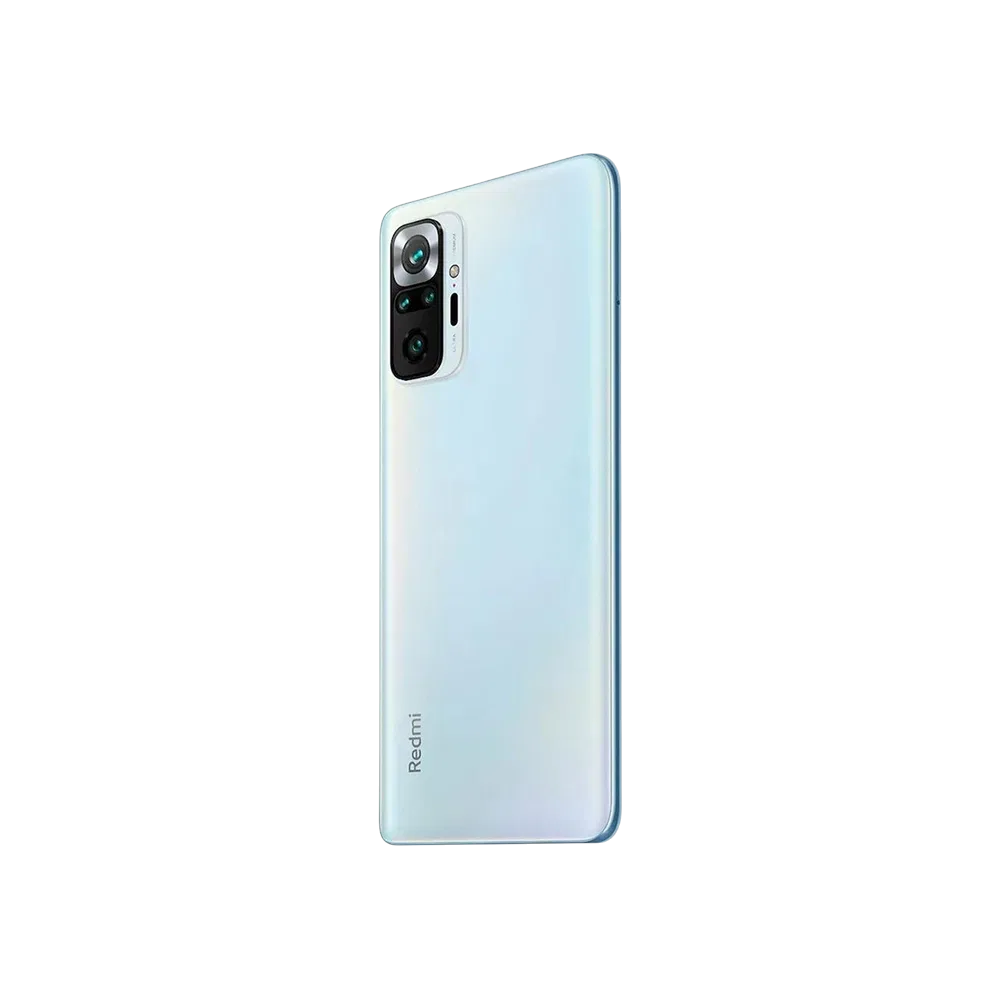 Xiaomi Redmi Note 10 Pro mavi akıllı telefon, arka yüz tasarımı ve dörtlü kamera modülü görünümü