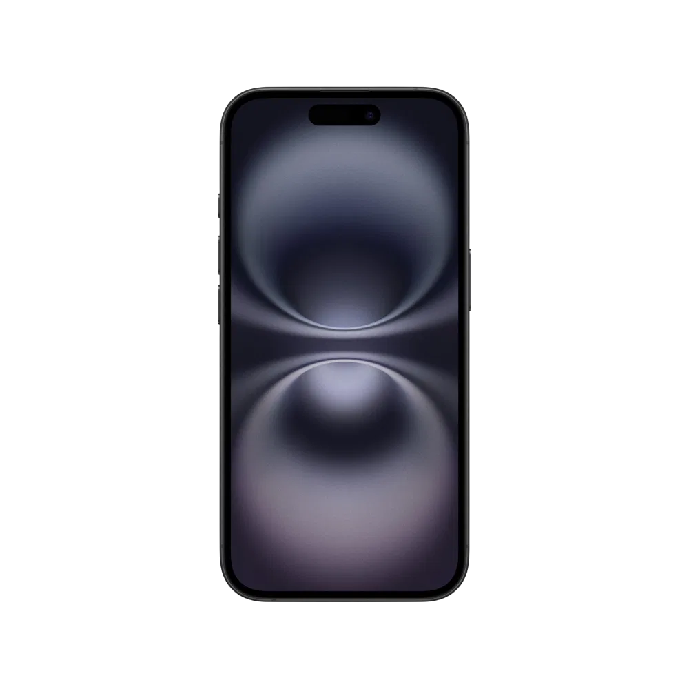 Siyah Apple iPhone 16 akıllı telefonun önden görünümü, tam ekran ve üstte dinamik ada tasarımı