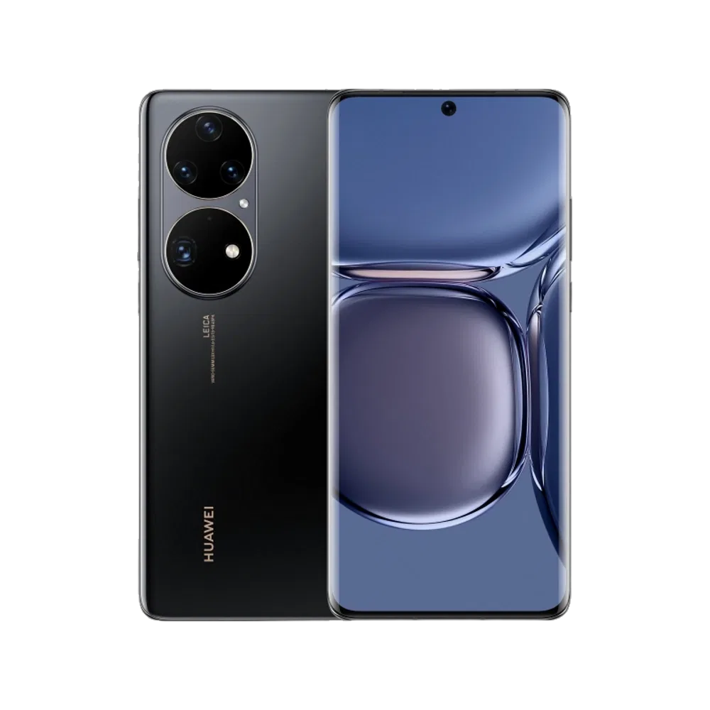 Siyah Huawei P50 Pro akıllı telefonun ön ve arka yüzü, çift kamera tasarımıyla birlikte