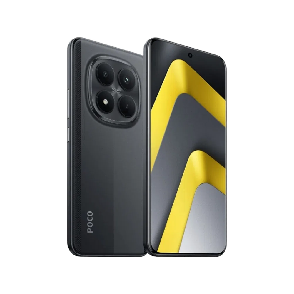 Siyah Poco M8 Pro 5G akıllı telefon, ön ekranı ve çoklu arka kamera tasarımıyla açılı görünümde