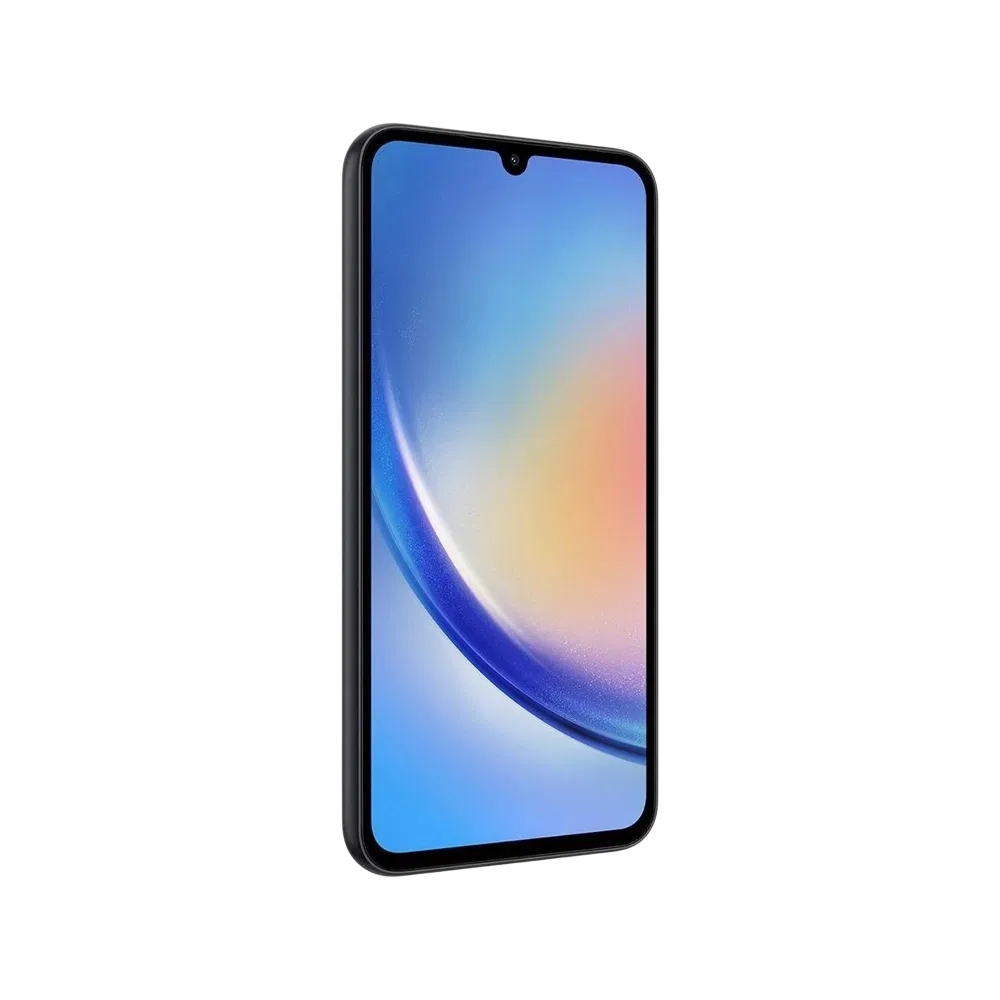 Samsung Galaxy A34 siyah akıllı telefon, önden ekran görünümü ve damla çentikli tasarım
