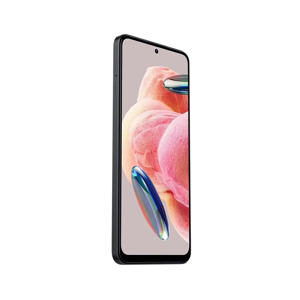 Xiaomi Redmi Note 12 siyah akıllı telefon, ön yüz ekran ve ince çerçeve tasarımıyla açılı görünüm