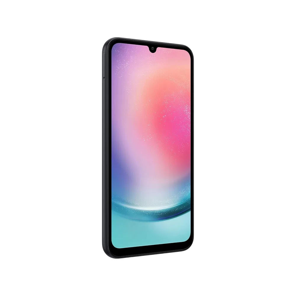 Siyah Samsung Galaxy A24 akıllı telefonun önden görünümü, çentikli ekran ve renkli arka planla