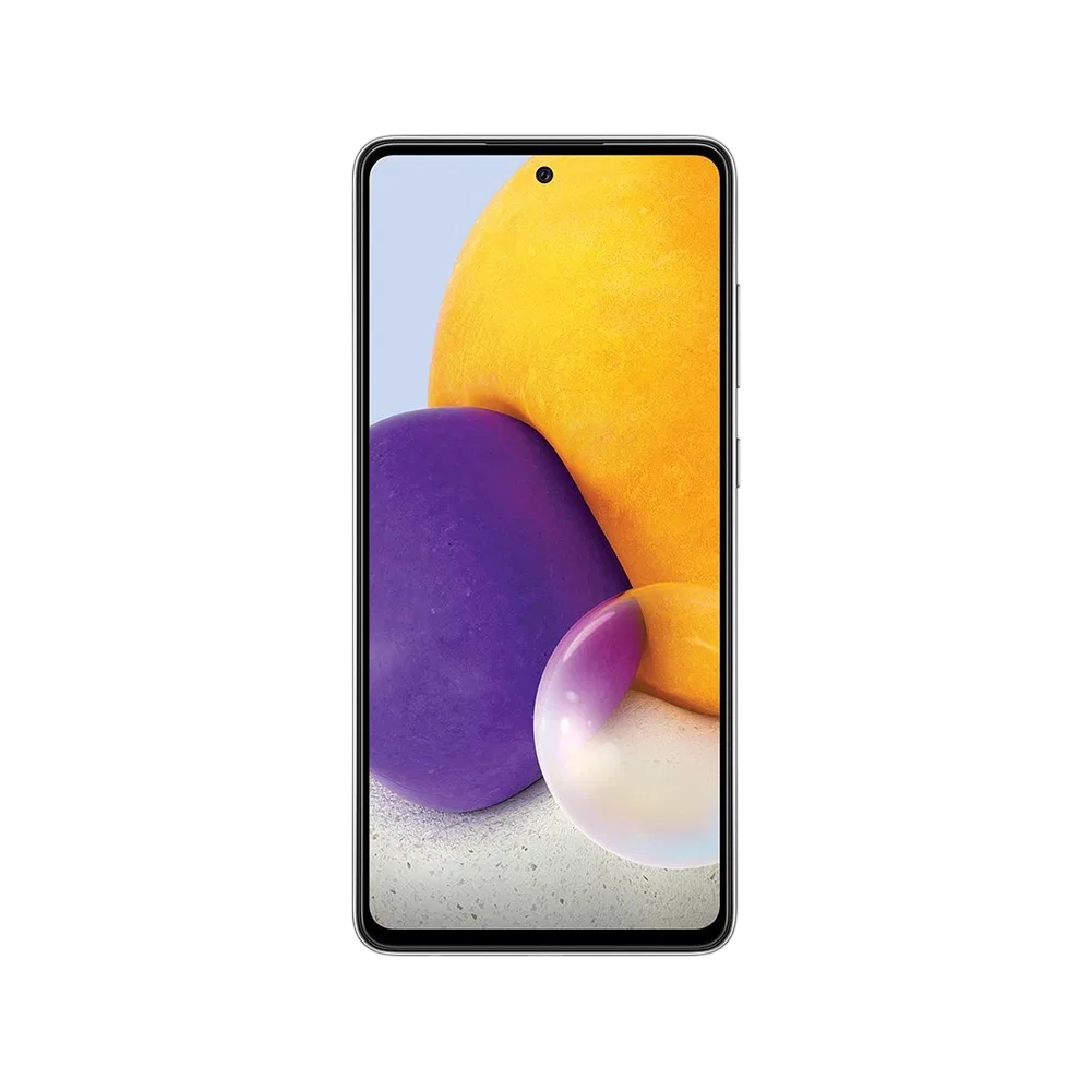 Siyah Samsung Galaxy A72 akıllı telefonun önden görünümü, tam ekran tasarım ve merkez delikli ön kamera