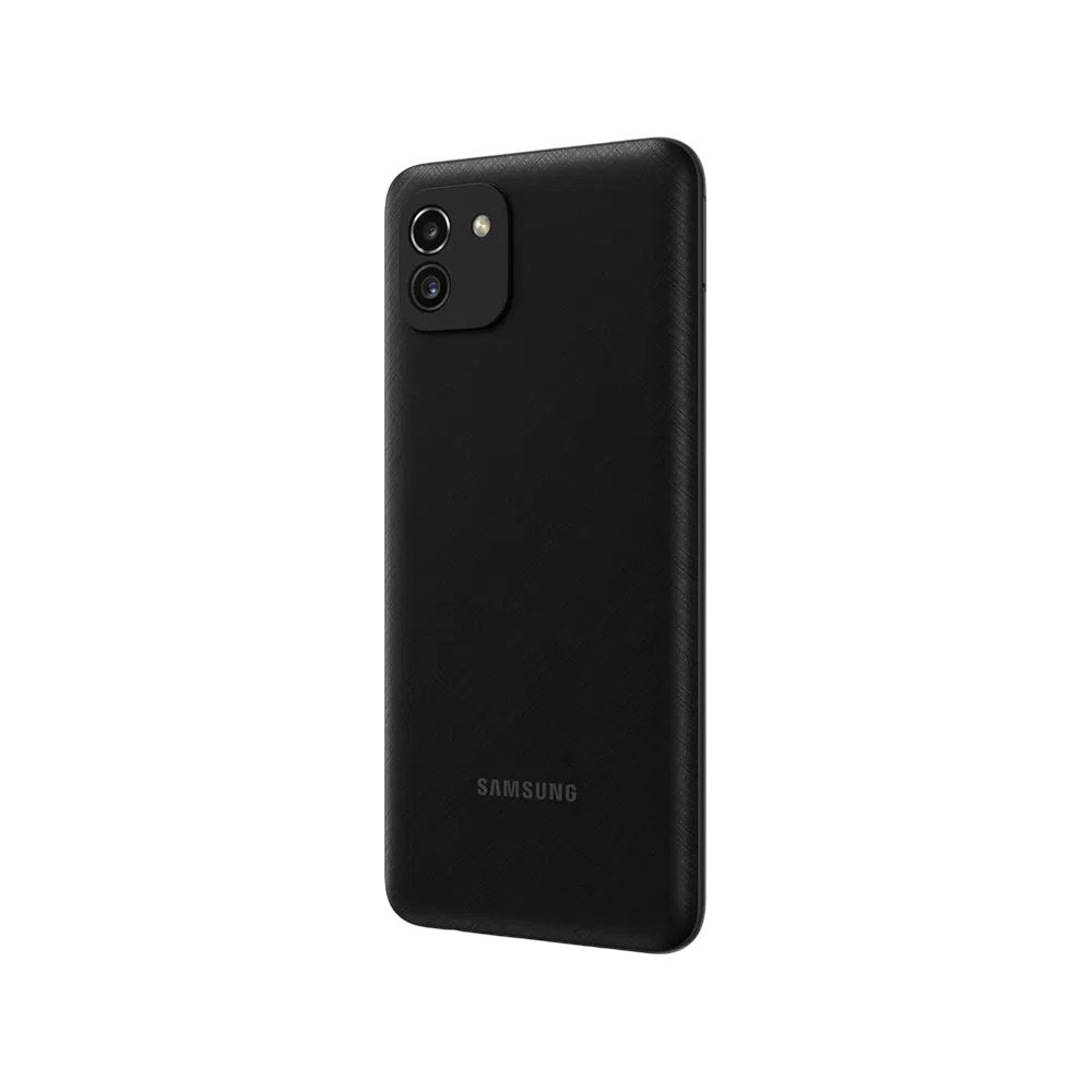 Siyah Samsung Galaxy A03 akıllı telefon, arka yüzey ve çift kamera modülüyle yandan görünüm