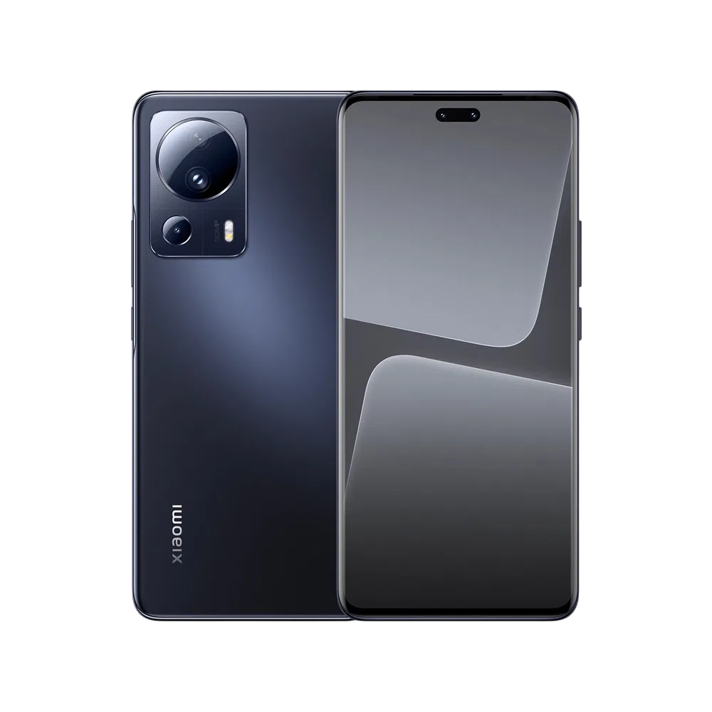 Xiaomi 13 Lite siyah akıllı telefonun ön ekranı ve arka kamera modülünü gösteren vitrin çekimi