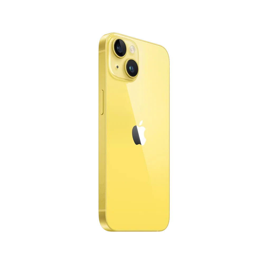 Apple iPhone 14 sarı akıllı telefonun arka yüzü, çift kamera ve Apple logosu detaylı görünüm