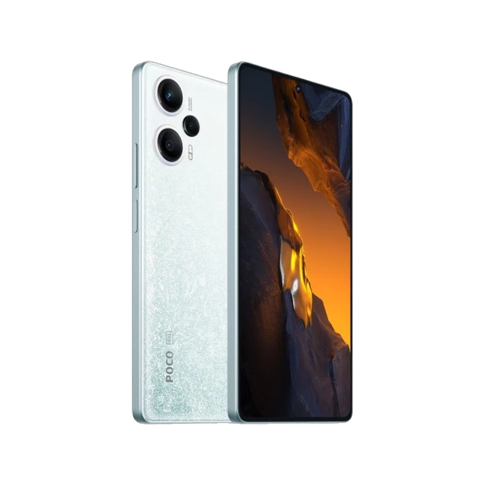 Beyaz Poco F5 akıllı telefon, ön ekranı açık ve üç kameralı arka tasarımıyla yan açıdan görünüm