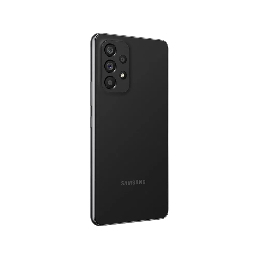 Siyah Samsung Galaxy A53 akıllı telefonun arka yüzü, dörtlü kamera modülü ve mat gövde tasarımı