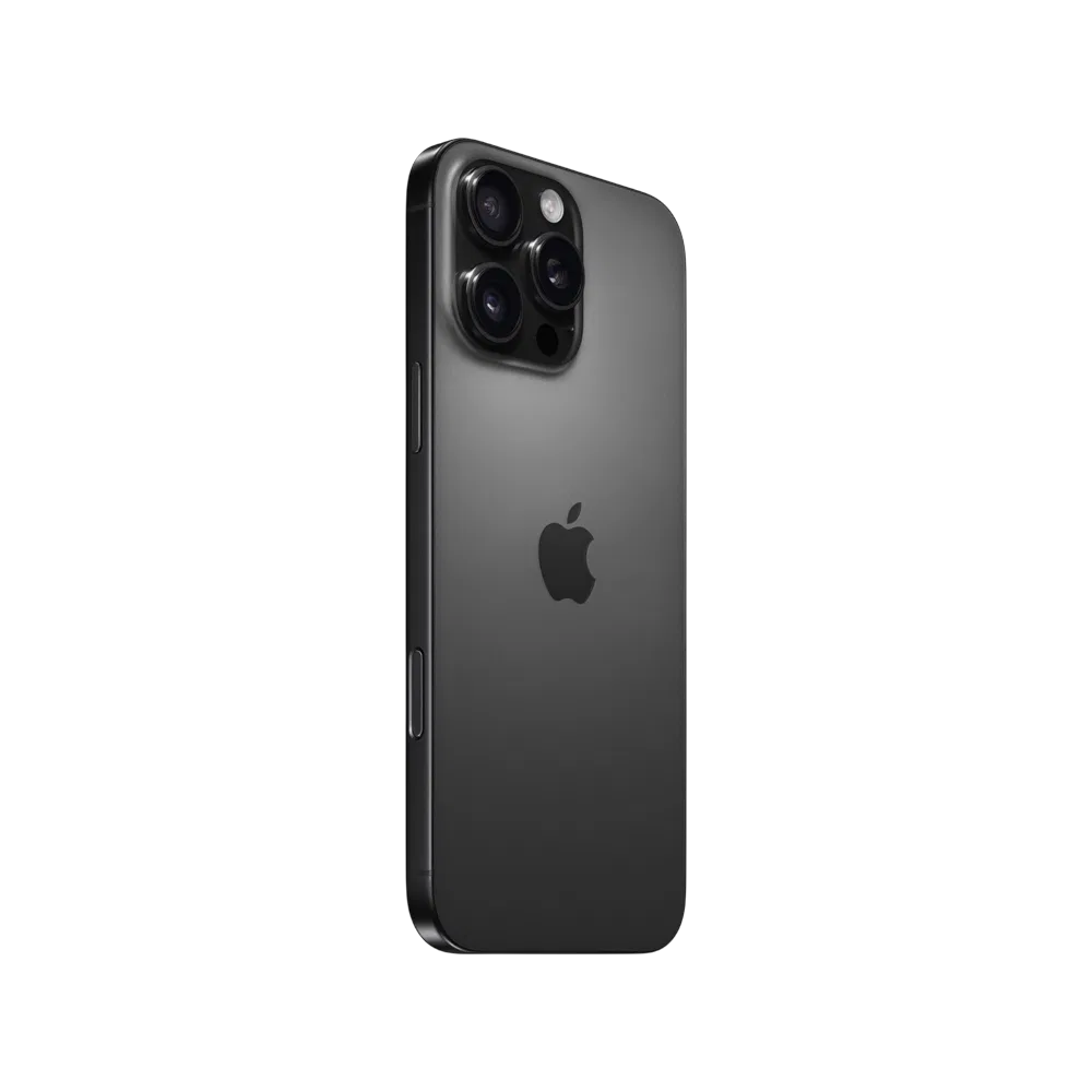 Apple iPhone 16 Pro Max Siyah Titanyum akıllı telefonun arka yüzü, üçlü kamera modülüyle yandan görünüm