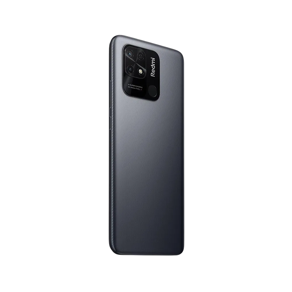Xiaomi Redmi 10C siyah akıllı telefonun arka yüzü, kamera modülü ve parmak izi okuyucu detaylı görünüm