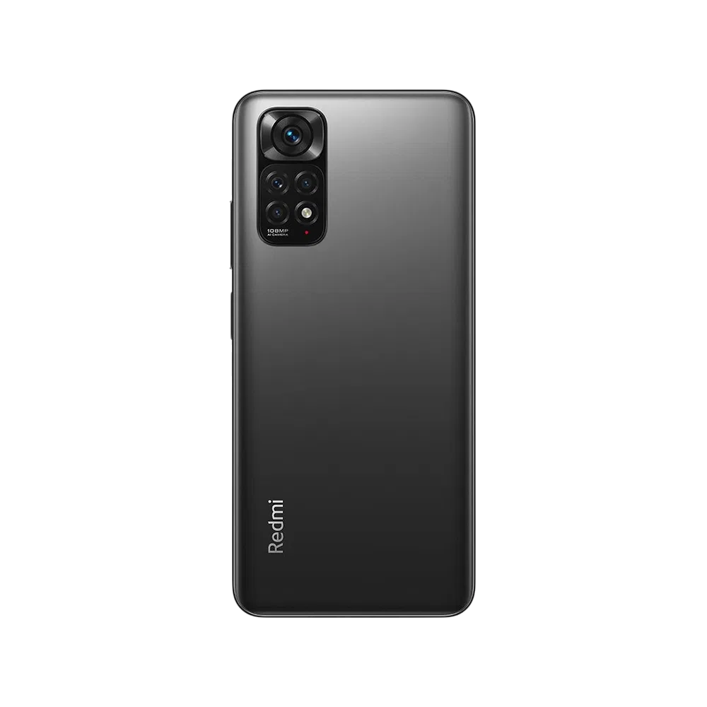 Xiaomi Redmi Note 11S siyah akıllı telefonun arka yüzü, dört kameralı modül ve Redmi logosu görünüyor