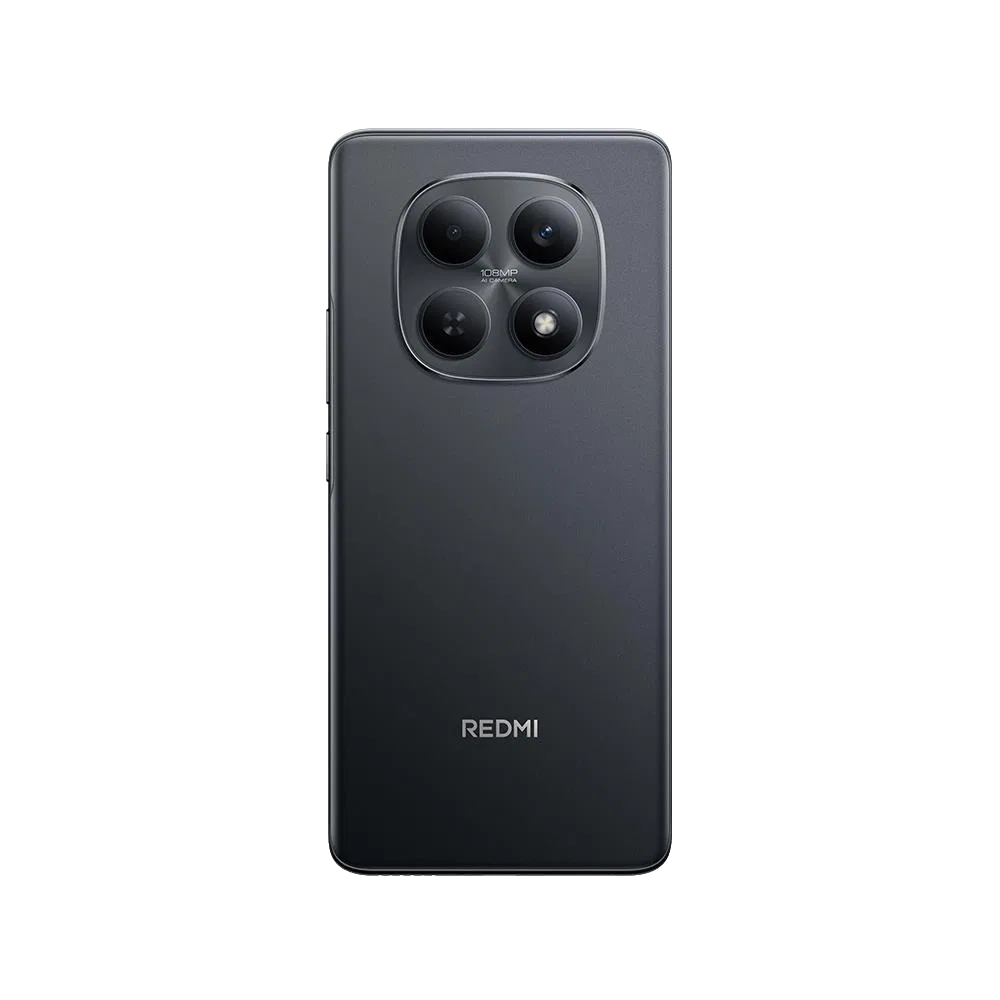 Xiaomi Redmi Note 15 siyah akıllı telefonun arka yüzü, dörtlü kamera modülü ve Redmi logosu görünüyor