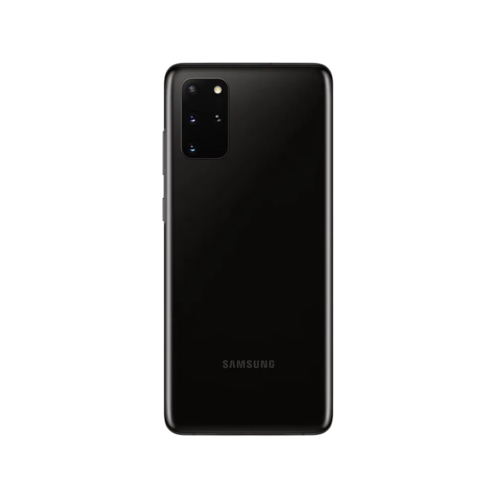 Siyah Samsung Galaxy S20 Plus akıllı telefonun arka yüzü, çoklu kamera modülü ve logo detayı