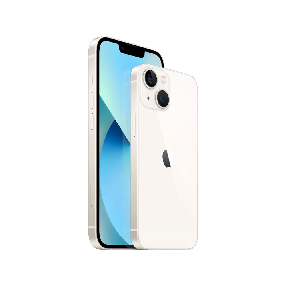 Beyaz Apple iPhone 13 akıllı telefonun ön ve arka görünümü, çift kamera ve tam ekran tasarım