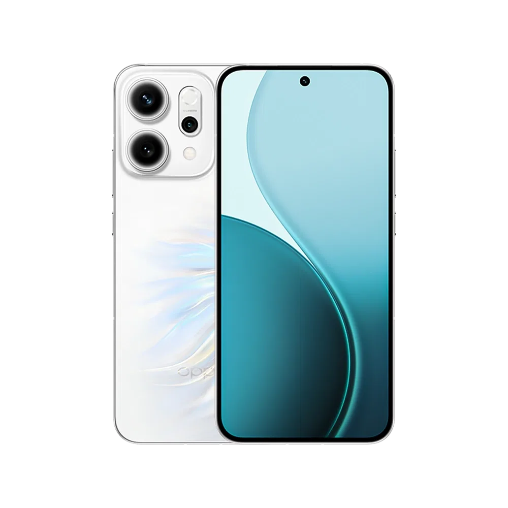 Oppo Reno 14 beyaz akıllı telefon, ön ekran ve arka kamera modülü görünümüyle vitrin çekimi