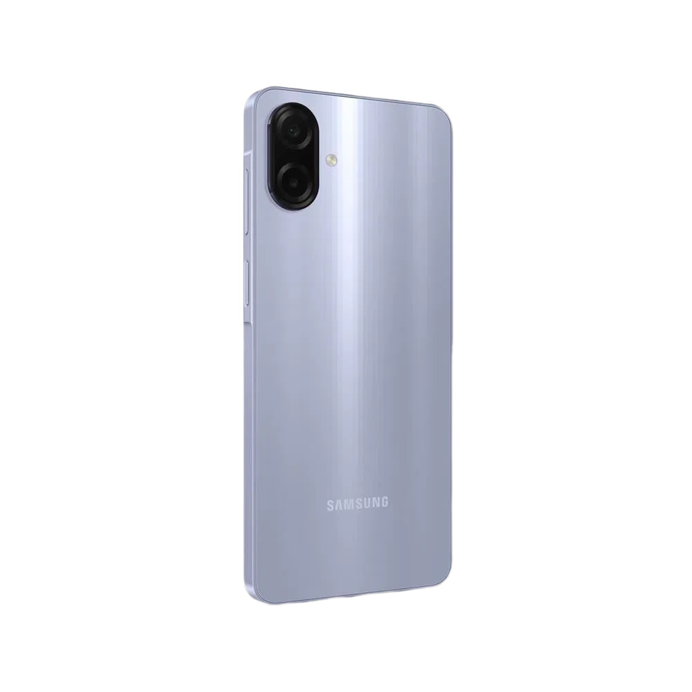 Mor Samsung Galaxy A07 akıllı telefonun arka yüzü, çift kamera ve LED flaş detaylı tasarım