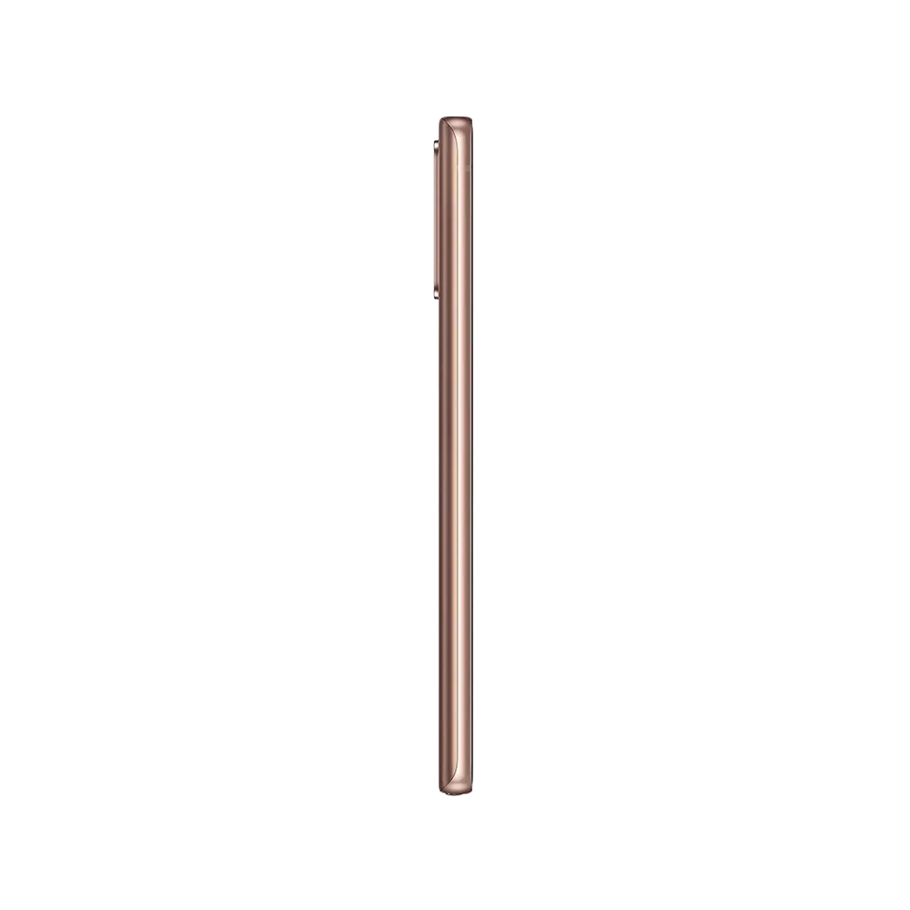 Bakır renk Samsung Galaxy Note 20 akıllı telefonun yan profilden ince gövde tasarımı ve tuşları