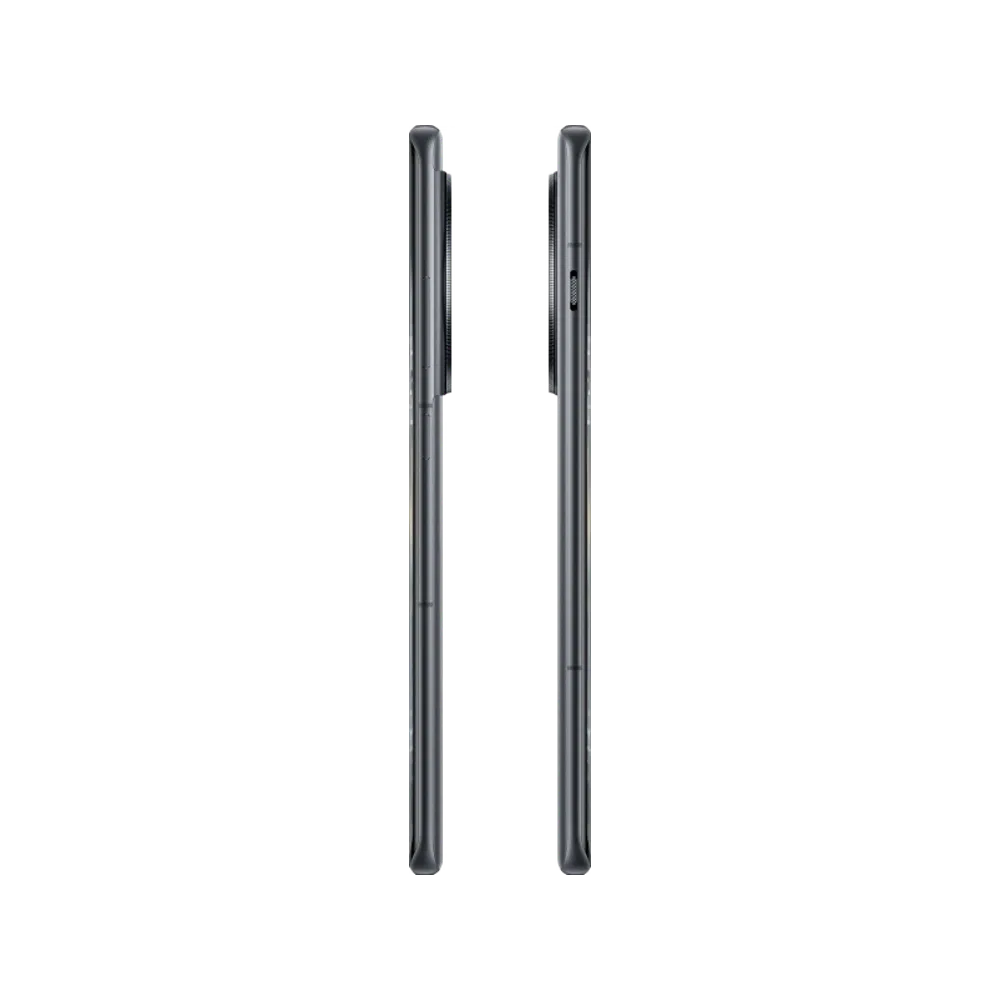 Gri OnePlus 12R akıllı telefonun yan profilden görünümü, ince gövde ve çıkıntılı kamera tasarımı