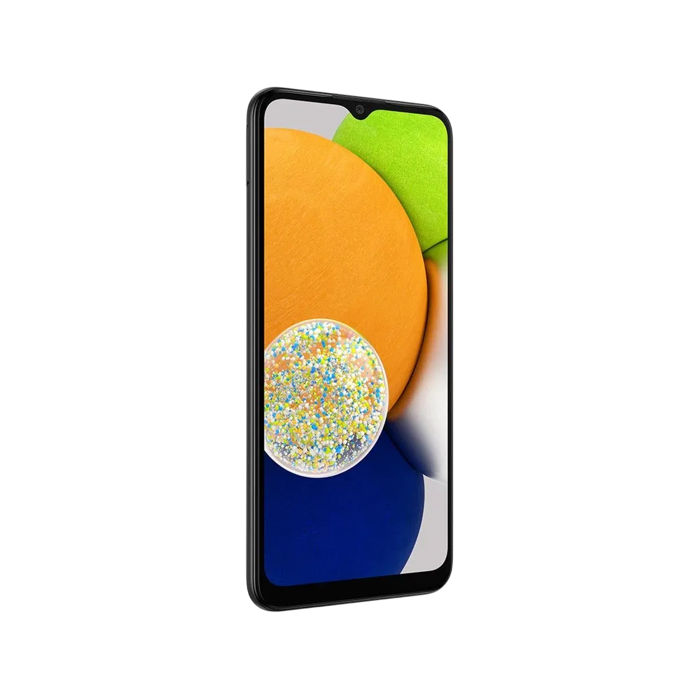 Samsung Galaxy A03 siyah akıllı telefon, önden ekran görünümü, damla çentikli geniş ekran tasarımı