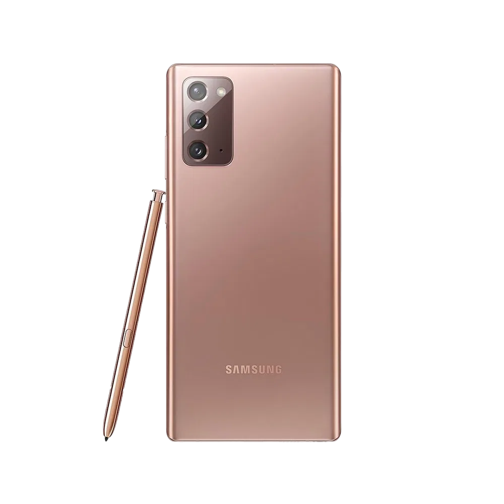 Bakır renk Samsung Galaxy Note 20 akıllı telefon, arka yüz ve üçlü kamera modülü, yanında S Pen kalemle