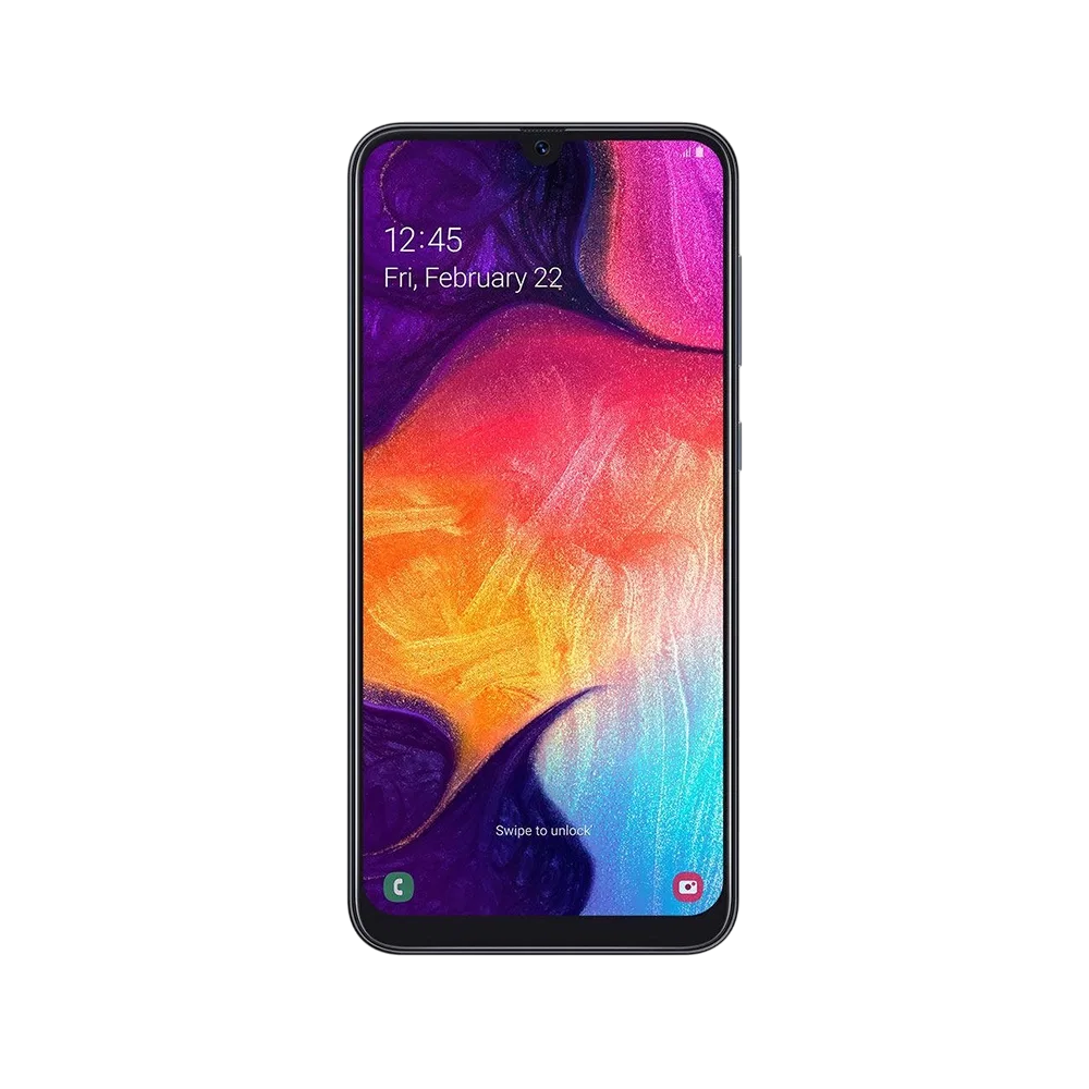 Samsung Galaxy A50 siyah akıllı telefon, önden tam ekran görünüm ve damla çentikli tasarım, vitrin çekimi