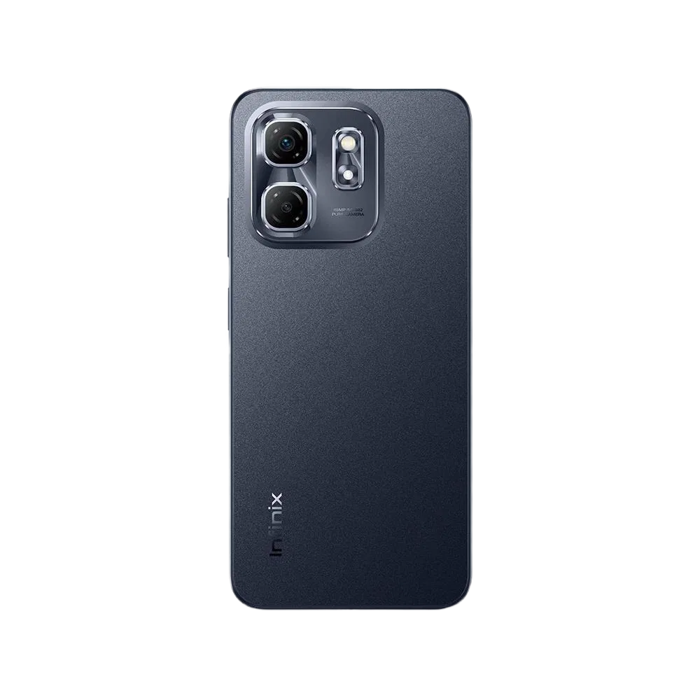 Siyah Infinix Hot 50i akıllı telefonun arka yüzü, çift kamera modülü ve flaş detayıyla görünüm