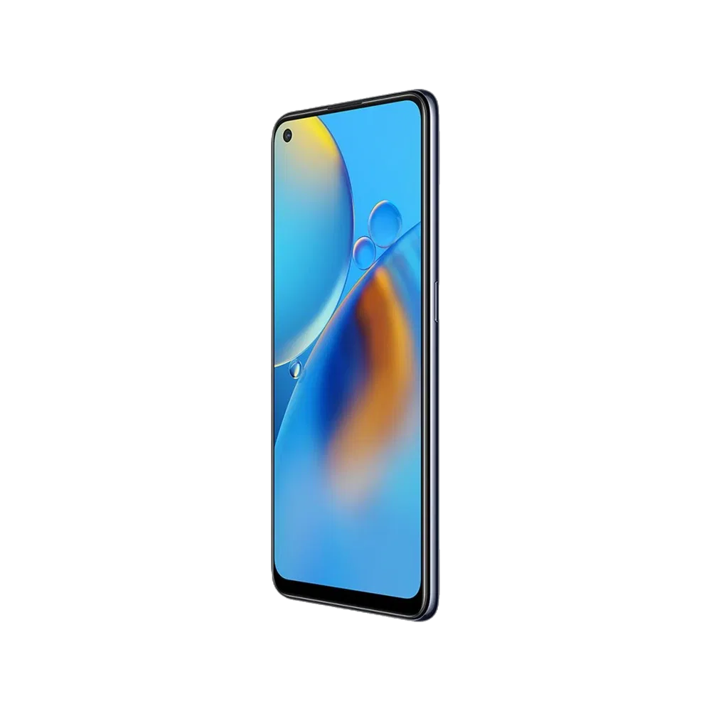 Mavi Oppo A74 akıllı telefon, ince çerçeveli ekranı ve modern tasarımıyla önden görünür halde