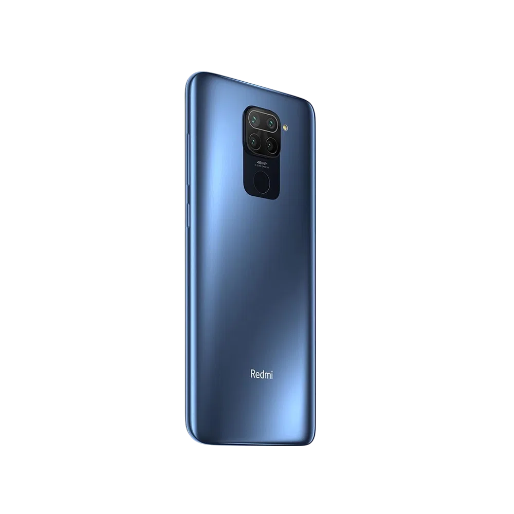 Xiaomi Redmi Note 9 mavi akıllı telefonun arka yüzü, dörtlü kamera modülü ve parmak izi okuyucu detayı