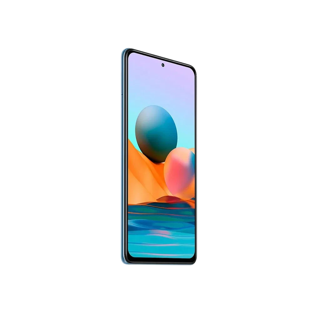 Xiaomi Redmi Note 10 Pro mavi akıllı telefon, önden görünüm, tam ekran ve ortada ön kamera deliği