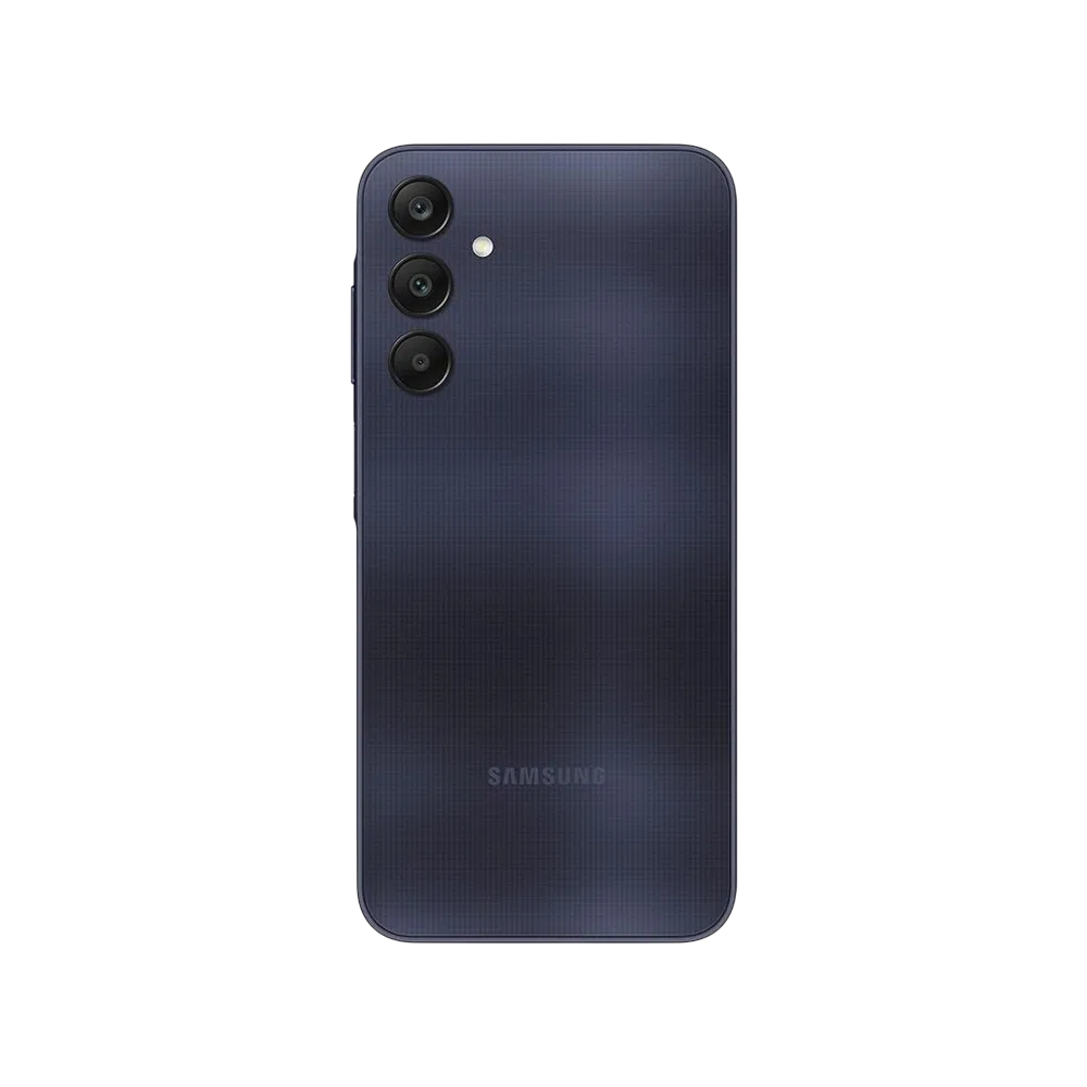 Samsung Galaxy A25 siyah akıllı telefonun arka yüzü, üçlü kamera ve LED flaş detaylı tasarım
