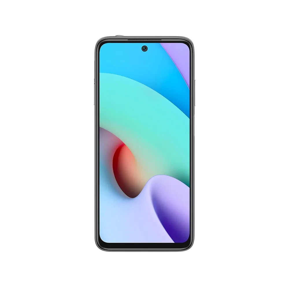 Siyah Xiaomi Redmi 10 akıllı telefonun ön yüzü, tam ekran görünümü ve merkezde ön kamera detayı