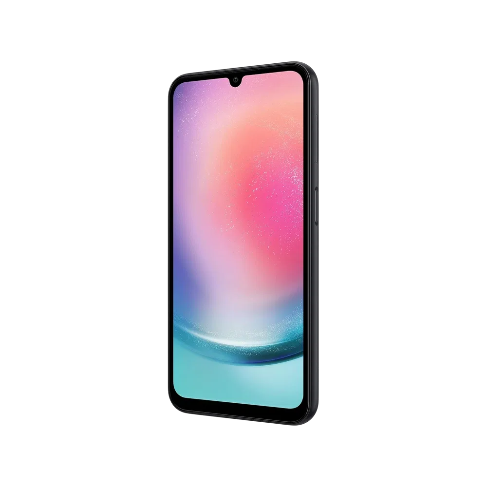 Samsung Galaxy A24 siyah akıllı telefon, önden ekran görünümü ve ince çerçeveli tasarım