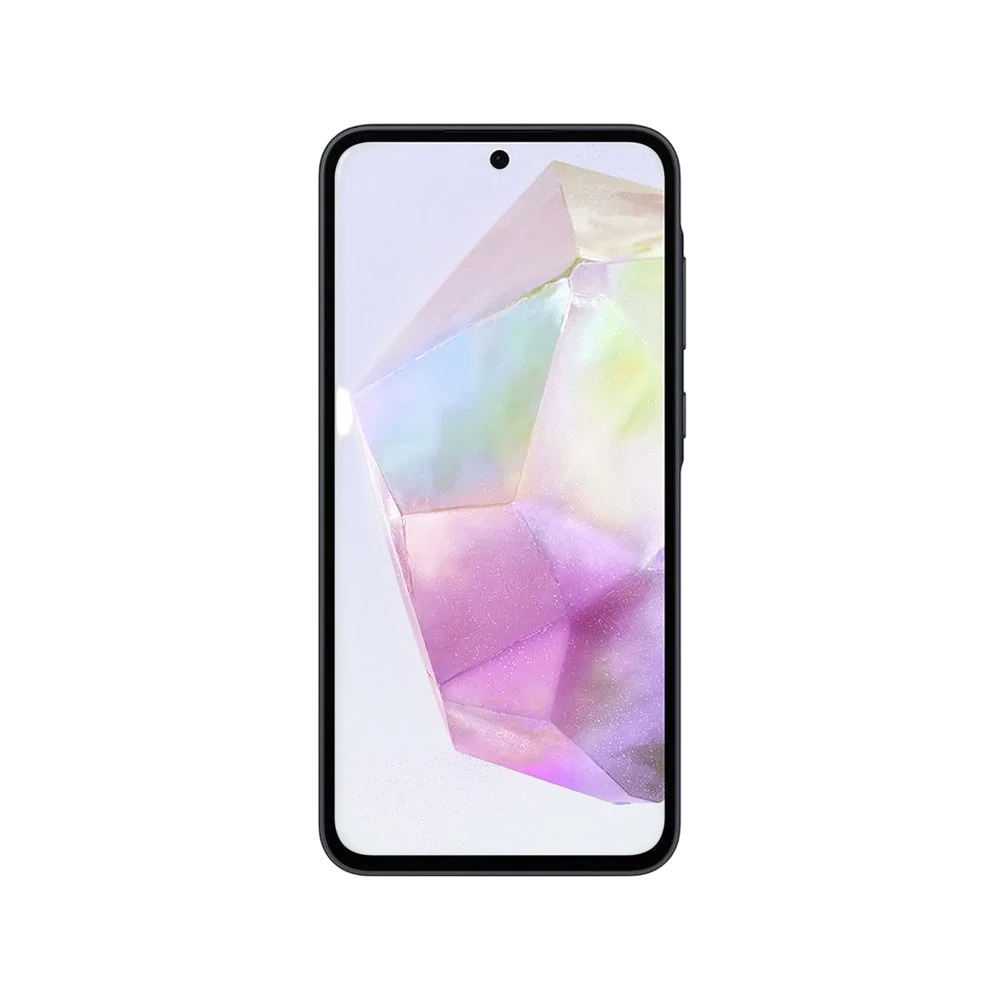 Samsung Galaxy A35 siyah akıllı telefonun önden görünümü, ince çerçeveli ekran ve ön kamera detayı