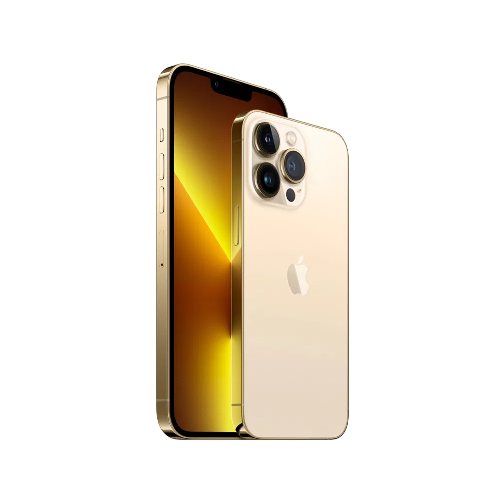 Apple iPhone 13 Pro Max altın renk akıllı telefon, önden ekran ve arkadan üçlü kamera görünümü