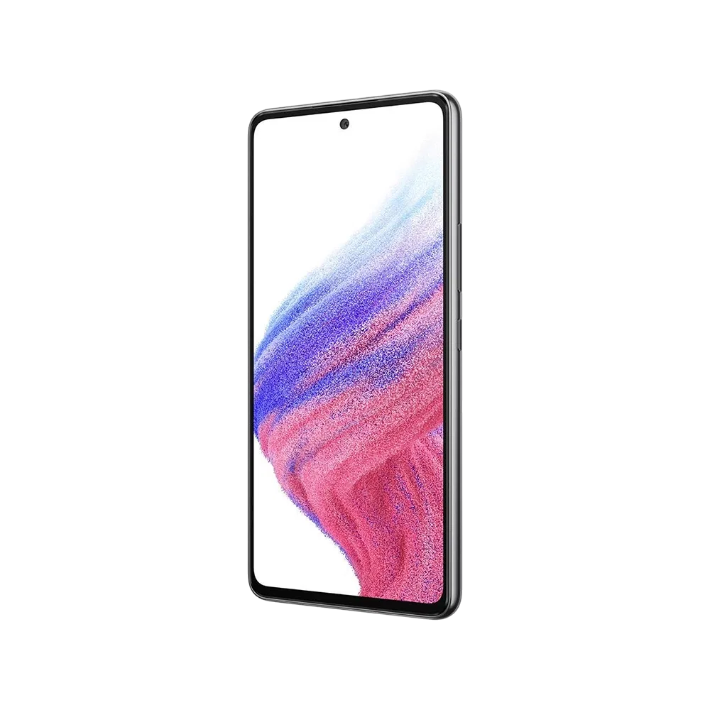 Samsung Galaxy A53 siyah akıllı telefon, geniş ekran ve ince çerçeveli ön yüz görünümü