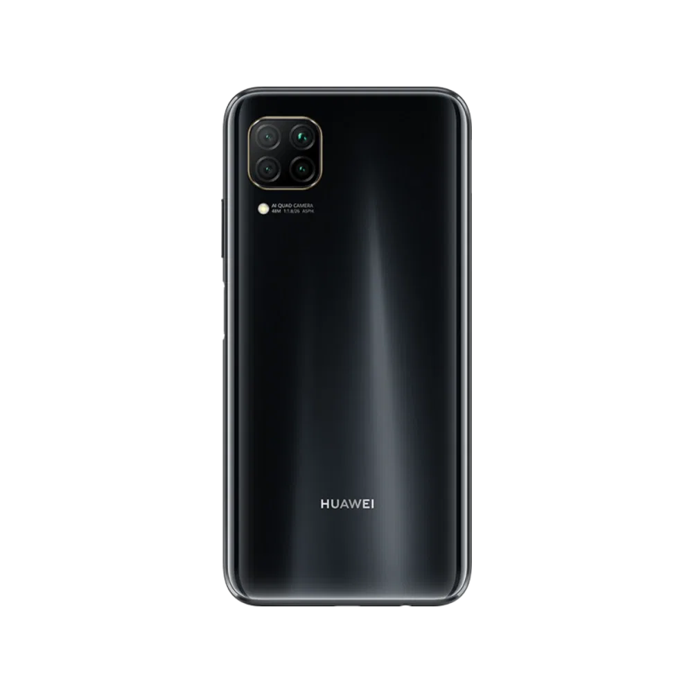 Huawei P40 Lite siyah akıllı telefonun arka yüzü ve dörtlü kamera tasarımı