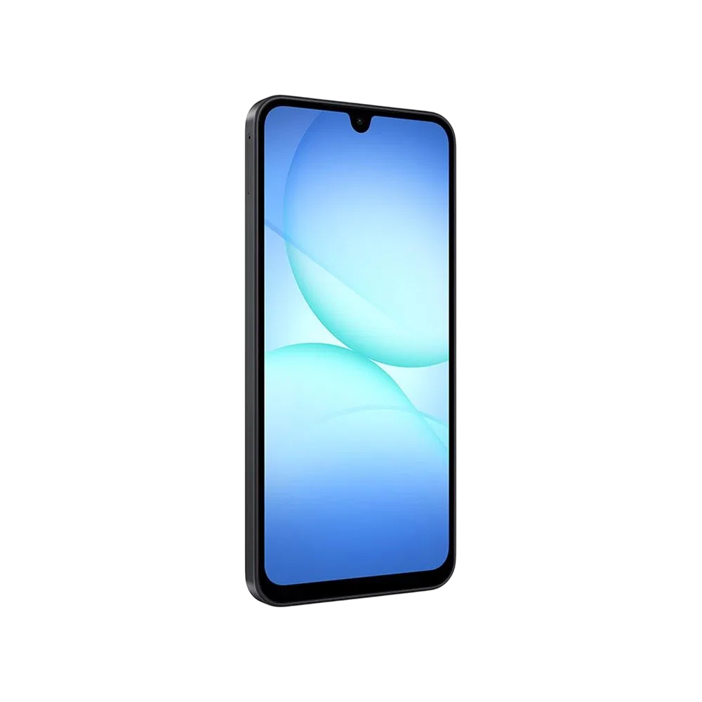 Samsung Galaxy A17 siyah akıllı telefon, ince çerçeveli ekran ve damla çentik tasarımıyla önden görünüm