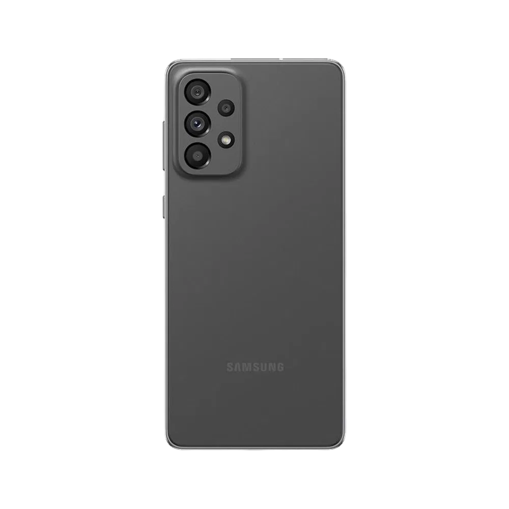Samsung Galaxy A73 siyah akıllı telefonun arka yüzü, dört kameralı modül ve logo detayıyla görünüyor